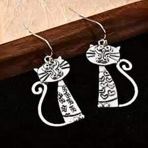 Cat Earrings Tall Bohemian Engraved Hearts and Fish Bones Long Tails Silver